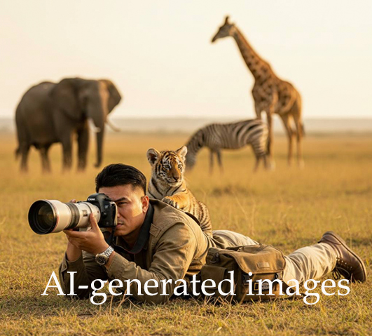 AI Generated image of researcher with tiger, elephant, zebra, and giraffe