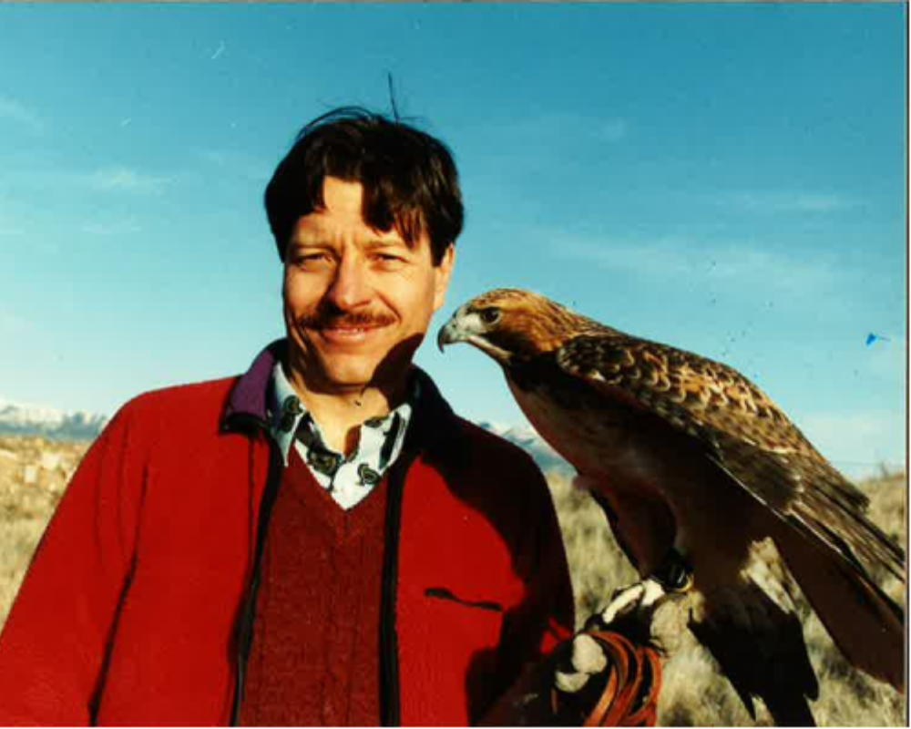 HawkWatch International founder, Steve Hoffman, with Red-tailed Hawk Raptor Ambassador, Gavilan. 